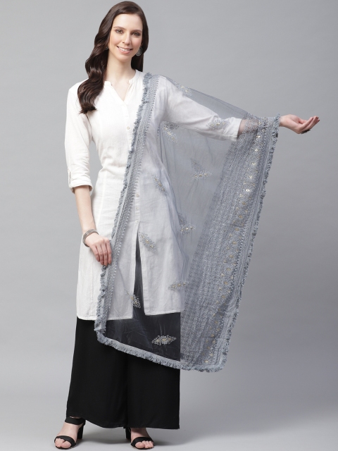 

SUTRAM Grey Chikankari Embroidered Net Dupatta