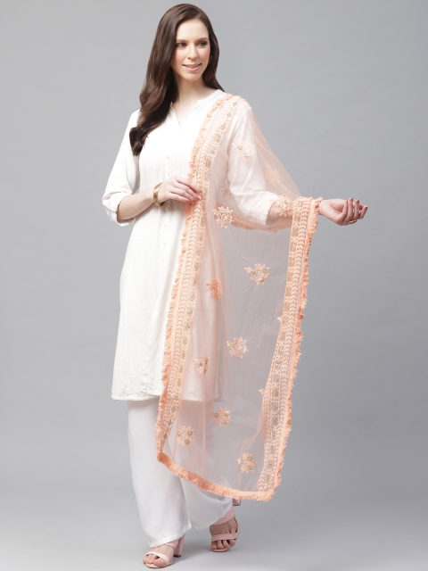 

SUTRAM Peach-Coloured Chikankari Embroidered Net Dupatta