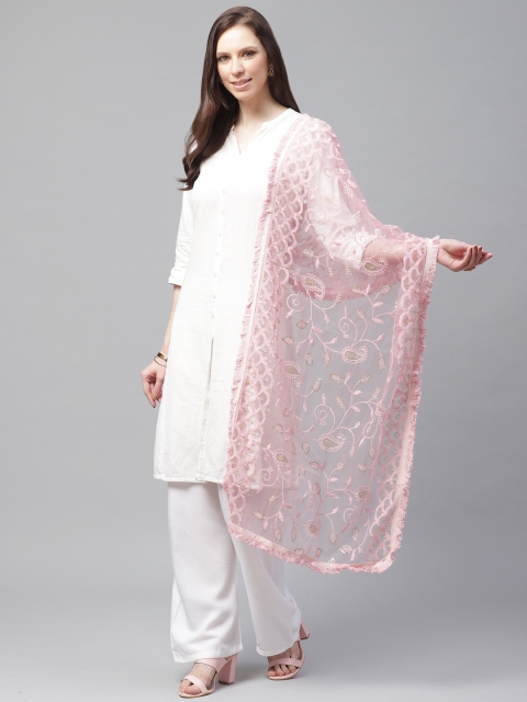 

SUTRAM Pink Chikankari Embroidered Net Dupatta