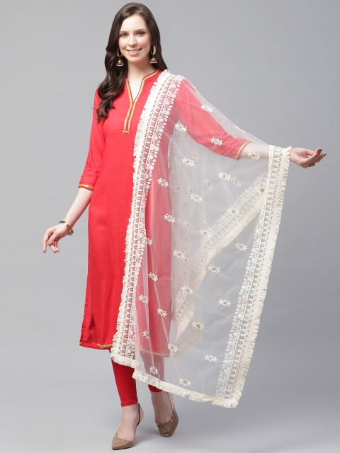 

SUTRAM Cream-Coloured Chikankari Embroidered Net Dupatta