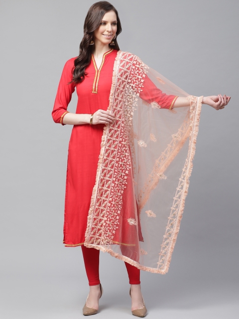 

SUTRAM Peach-Coloured Chikankari Embroidered Net Dupatta