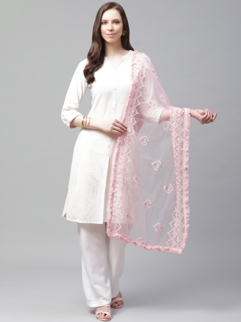 

SUTRAM Pink Chikankari Embroidered Net Dupatta