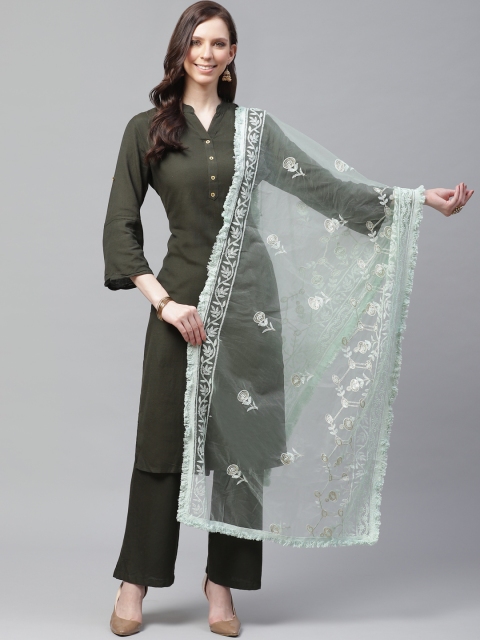 

SUTRAM Sea Green Chikankari Embroidered Net Dupatta