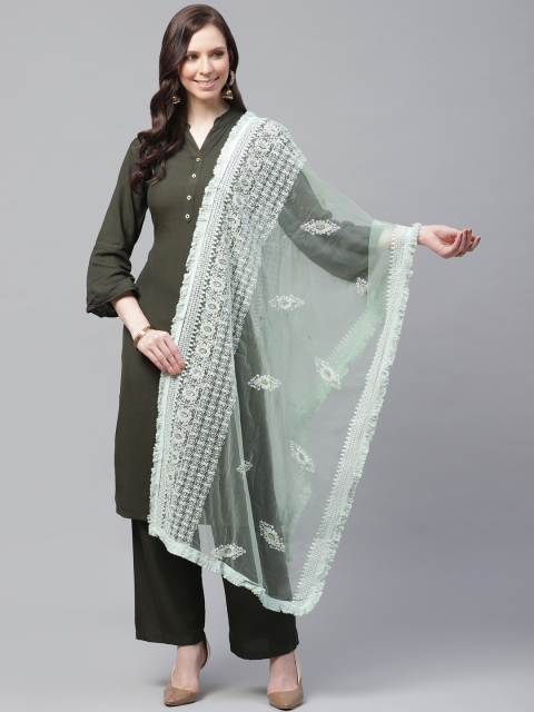

SUTRAM Sea Green Chikankari Embroidered Net Dupatta