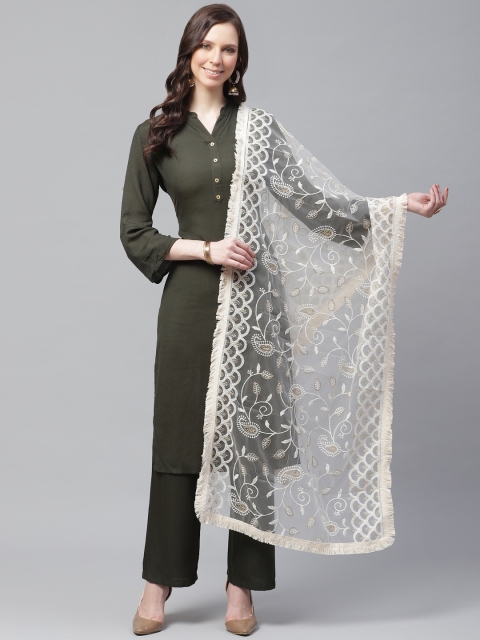 

SUTRAM Cream-Coloured Chikankari Embroidered Net Dupatta
