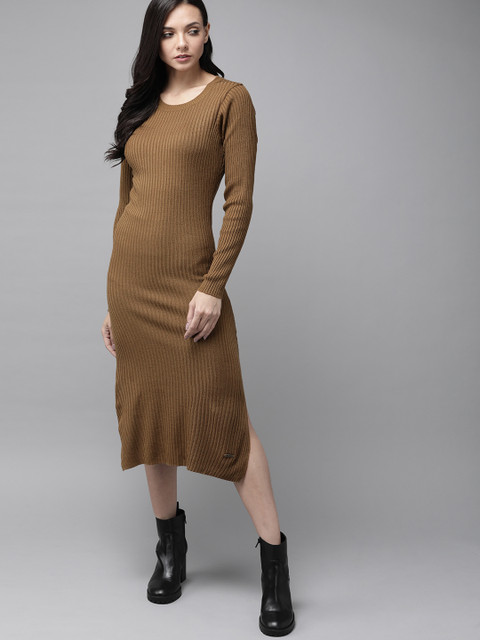 

Roadster Women Olive Brown Ribbed Midi Sweater Dress with Side Slit