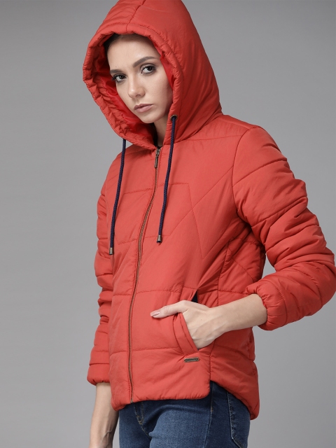 

Roadster Women Rust Red Solid Hooded Padded Jacket