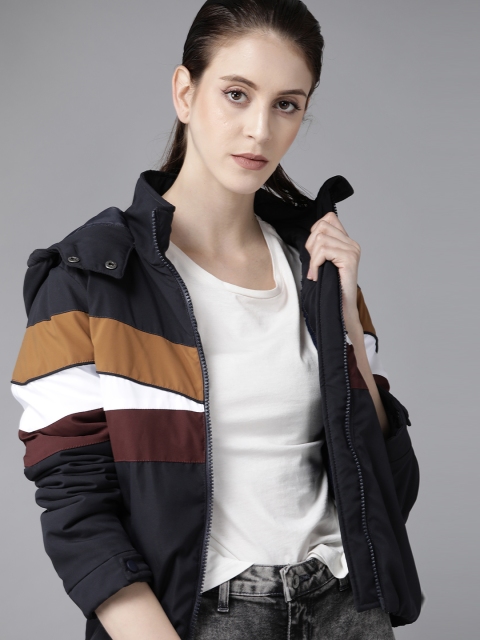 Women Black & Brown Colourblocked Hooded Padded Jacket