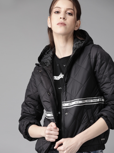 

Roadster Women Black Stripe Detail Hooded Quilted Jacket