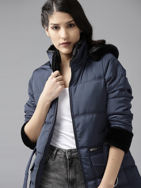 

Roadster Women Navy Blue Solid Longline Parka Jacket with Belt