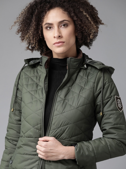 

Roadster Women Olive Green Solid Detachable Hooded Longline Quilted Jacket