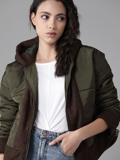 

Roadster Women Olive Green Solid Hooded Tailored Jacket