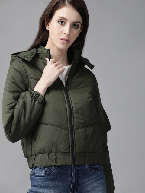 

Roadster Women Olive Green Solid Hooded Padded Jacket