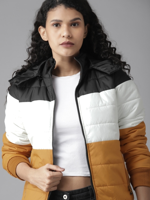 

Roadster Women Mustard Yellow & White Colourblocked Detachable Hooded Bomber Jacket