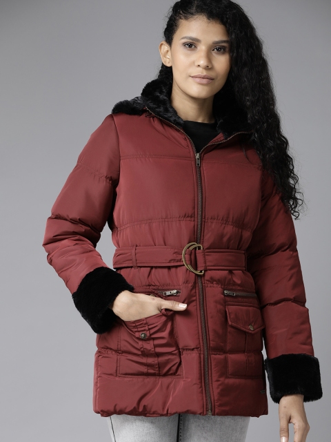 

Roadster Women Burgundy Solid Parka Jacket with Detachable Hood