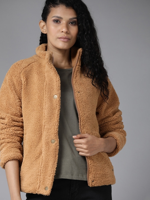 Women Brown Solid Sherpa Jacket