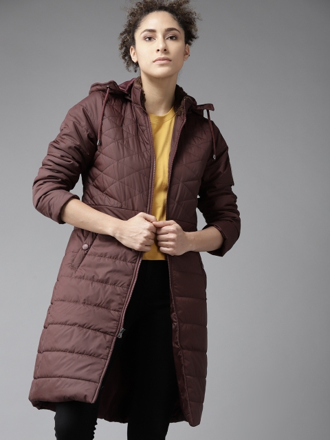 

Roadster Women Burgundy Solid Long Padded Jacket with Detachable Hood