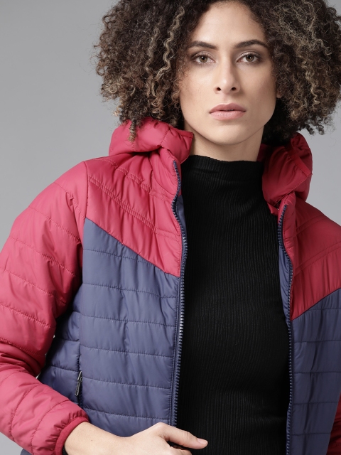 

Roadster Women Navy Blue & Maroon Colourblocked Detachable Hooded Padded Jacket