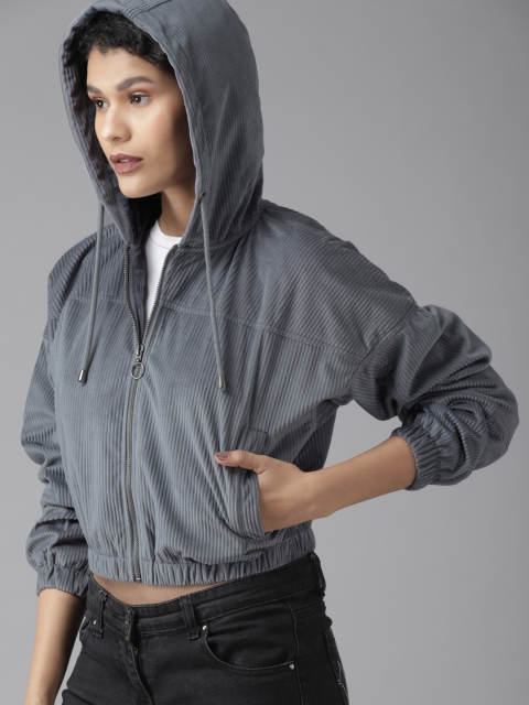 

Roadster Women Charcoal Grey Solid Corduroy Tailored Jacket