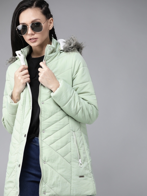 Women Green Solid Longline Parka Jacket