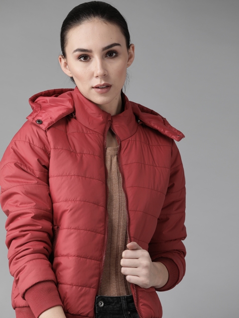 Women Red Solid Hooded Bomber Jacket
