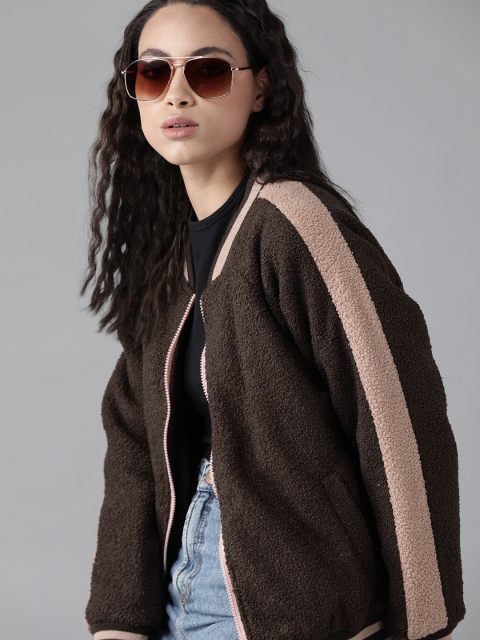 

Roadster Women Coffee Brown Solid Sherpa Bomber Jacket