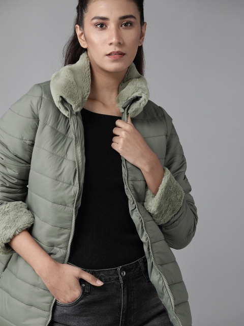 

Roadster Women Grey Solid Parka Jacket, Olive