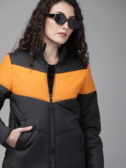

Roadster Women Black & Orange Colourblocked Padded Jacket