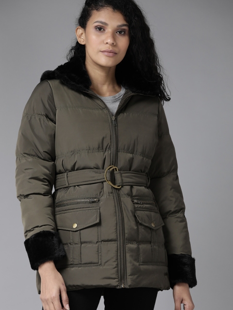 

Roadster Women Olive Green Solid Parka Jacket with Detachable Hood