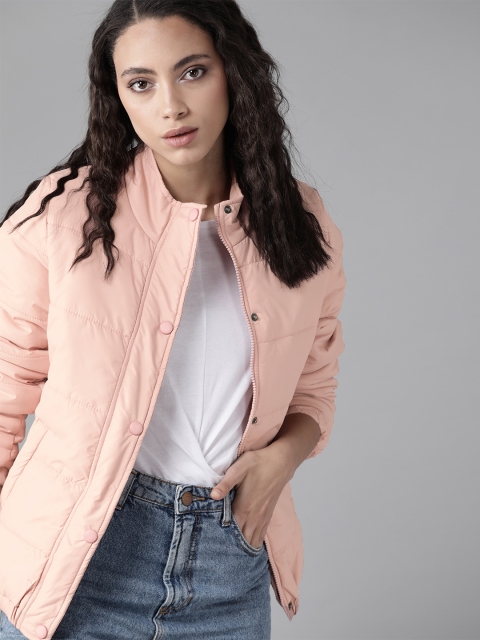Women Pink Solid Padded Jacket