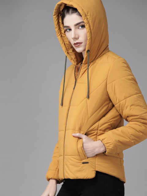 

Roadster Women Mustard Yellow Solid Hooded Padded Jacket