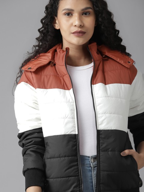 

Roadster Women Black & White Colourblocked Detachable Hooded Bomber Jacket