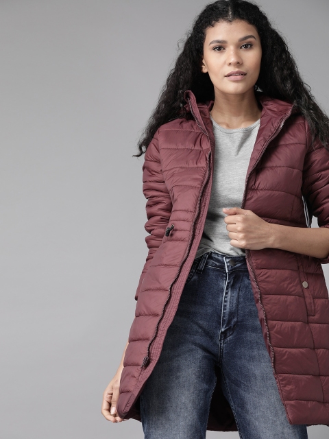 

Roadster Women Burgundy Solid Hooded Longline Puffer Jacket