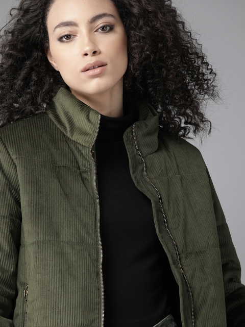 

Roadster Women Olive Green Corduroy Solid Padded Jacket