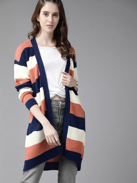 

Roadster Women White & Dusty Pink Striped Longline Front-Open Acrylic Sweater