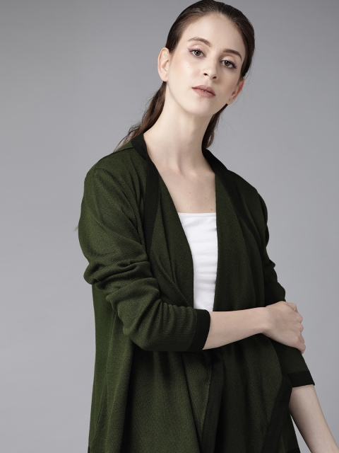 

Roadster Women Olive Green Solid Front-Open Asymmetric Sweater