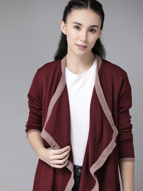 

Roadster Women Burgundy Solid Front-Open Asymmetric Sweater