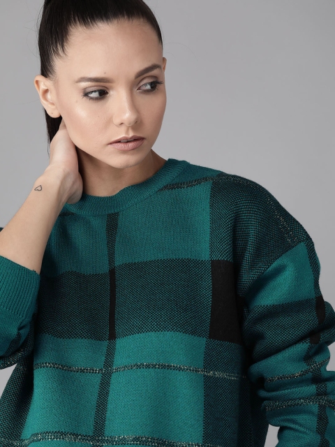 Women Green & Black Self Checked Sweater