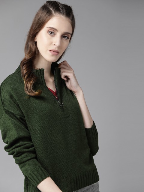 

Roadster Women Olive Green Solid Pullover Sweater