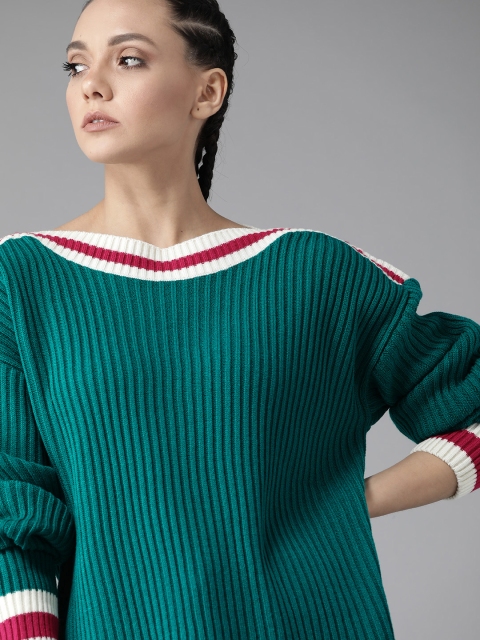 

Roadster Women Teal Blue Self Striped Acrylic Sweater