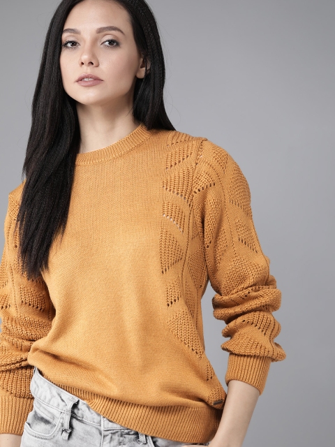 

Roadster Women Mustard Yellow Self Design Pullover Sweater
