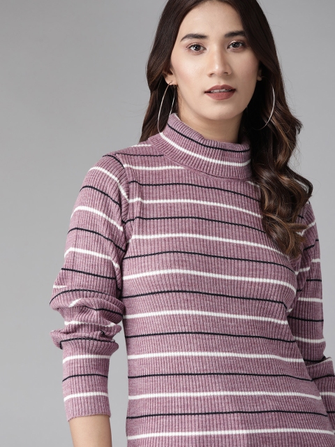 Women Mauve & White Striped Pullover Sweater