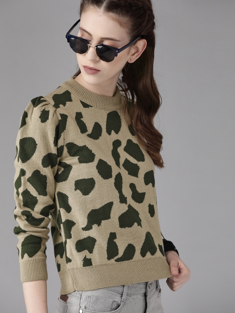 

Roadster Women Beige & Olive Green Abstract Self Design Acrylic Pullover