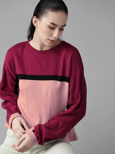 

Roadster Women Magenta & Peach-coloured Colourblocked Acrylic Sweater