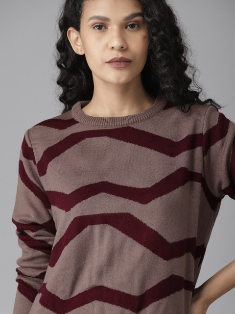 

Roadster Women Mauve & Maroon Striped Pullover Sweater