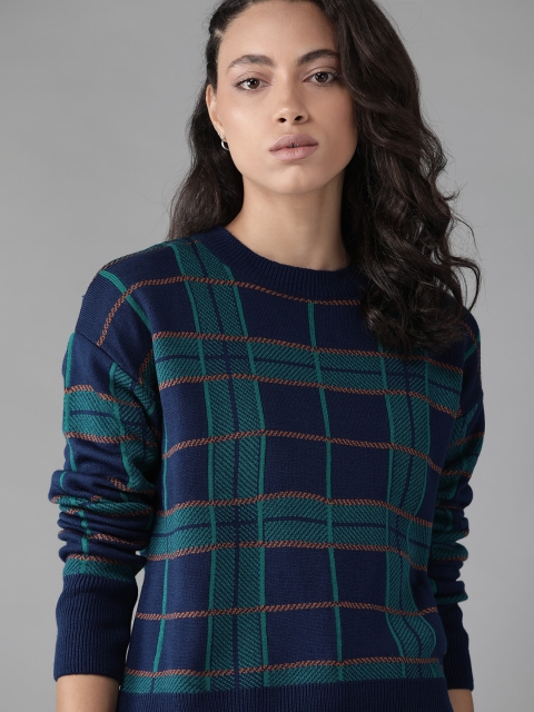 

Roadster Women Navy Blue & Teal Green Checked Pullover Sweater