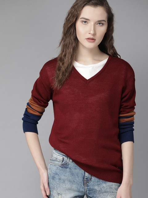 

Roadster Women Maroon Ribbed Semi-Sheer Acrylic Pullover