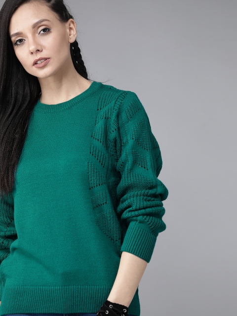 

Roadster Women Green Solid Pullover Sweater