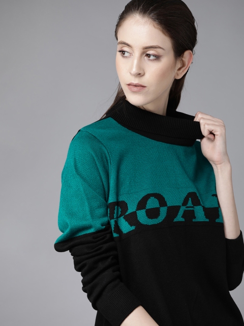 

Roadster Women Teal Green & Black Colourblocked Pullover