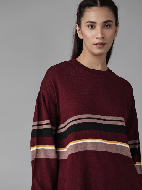 

Roadster Women Burgundy & Beige Striped Oversized Pullover Sweater